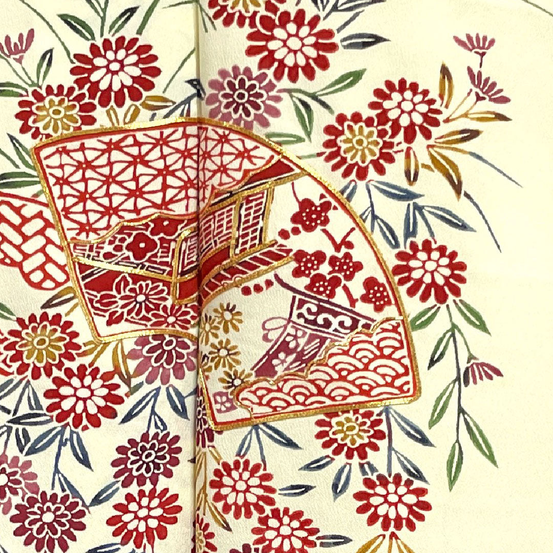 訪問着 袷 身丈159cm 裄丈62.5cm 鳥の子色 京紅型 草花模様 正絹 Aランク クリーム系 1112001943315