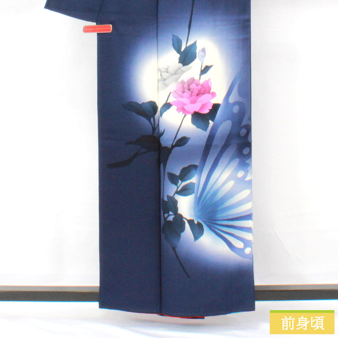 訪問着 正絹 袷 身丈159cm 裄丈65cm 濃紺色(のうこんいろ) 蝶 薔薇 Aランク 紺系 1112005883318