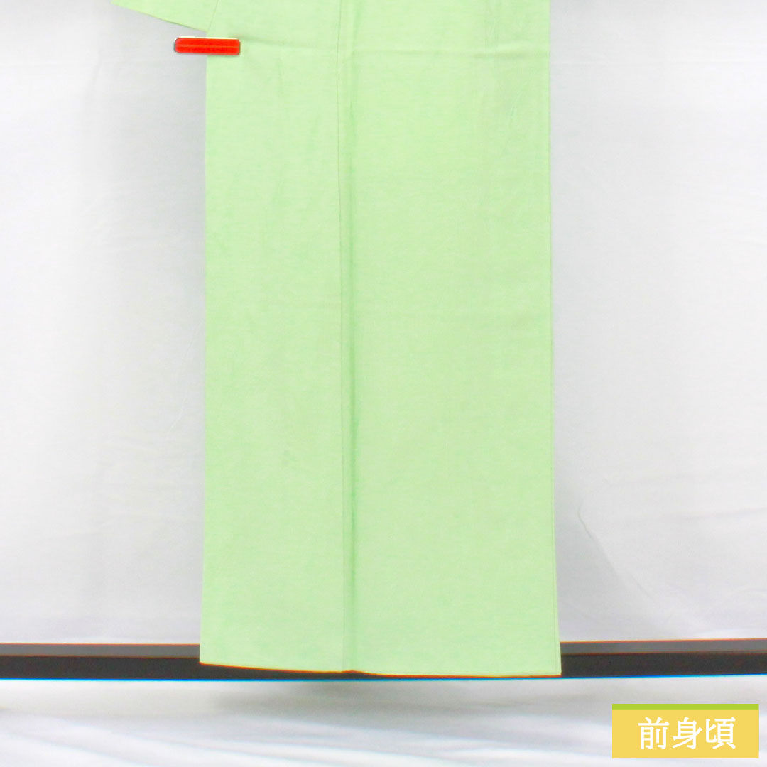 色無地 正絹 身丈155cm 裄丈62cm 綸子 一つ紋 大割抱き茗荷 袷 Aランク 緑系 1114001853319