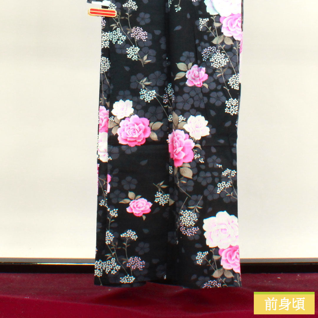 Yukata Cotton Length 159cm Sleeve length 64.5cm B rank Single layer Black Rose Gypsophila Cherry blossom 1118004554310