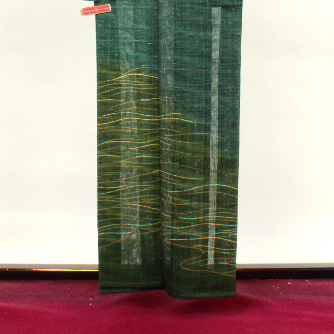 夏物 正絹 訪問着 身丈160cm 裄丈65cm 黒緑色(くろみどりいろ) 抽象模様 紬地 絽 Sランク 緑系 1132000572419