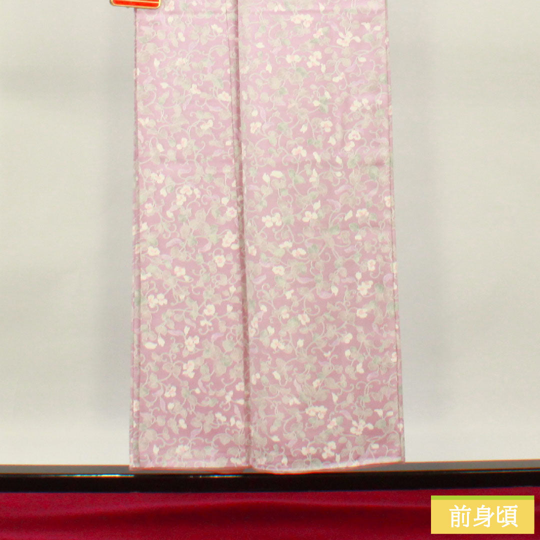小紋 正絹 身丈153cm 裄丈63.5cm 袷 淡紅藤色(うすべにふじいろ) 草花模様 しつけ糸付き 未使用品 パールトーン加工 Sランク 紫系 1115004362220