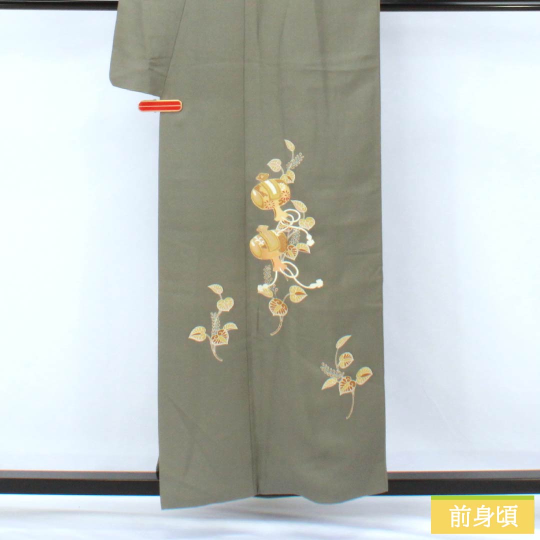 訪問着 正絹 Sランク 袷 身丈155cm 裄丈62.5cm 利休鼠色(りきゅうねずみいろ) 京友禅 付下げ 葵 小槌 スーパー鈴ガード 緑系 1112007212319