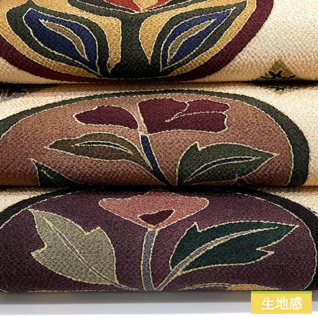 Nagoya obi, pure silk, light persimmon color, abstract floral pattern, crepe fabric, long, obi length 383cm, S rank, point pattern, casual, beige, 1124006322425, Nagoya style