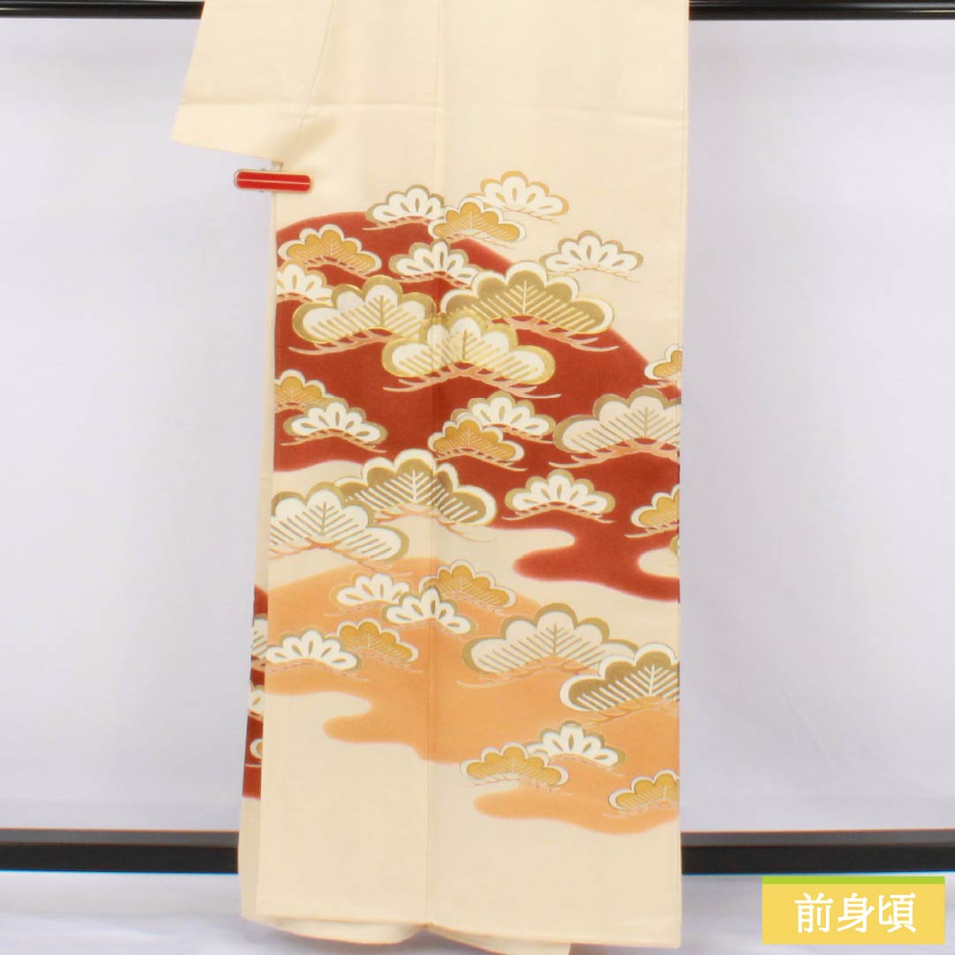 色留袖 正絹 Aランク 身丈160.5cm 裄丈62.5cm 袷 練色(ねりいろ) 三つ紋 五三桐 大丸別誂え 京友禅 金駒刺繡 松 三つ紋 クリーム系 1111001993415