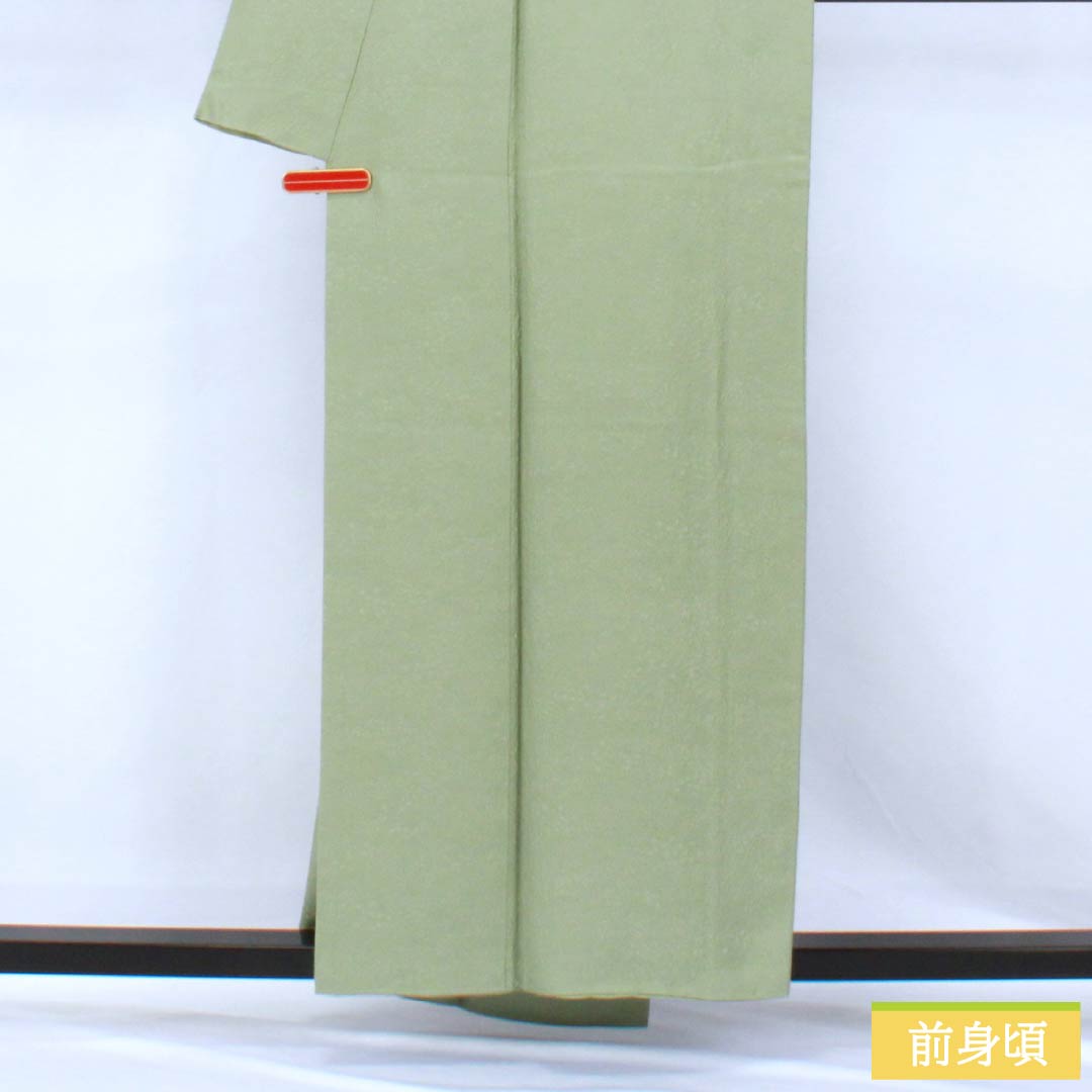 色無地 正絹 Aランク 身丈156cm 裄丈64cm 龍泉青瓷釉色(ロンチュエンチンツーユースーいろ) 一つ紋 割桐 縫い紋 袷 緑系 1114002563319