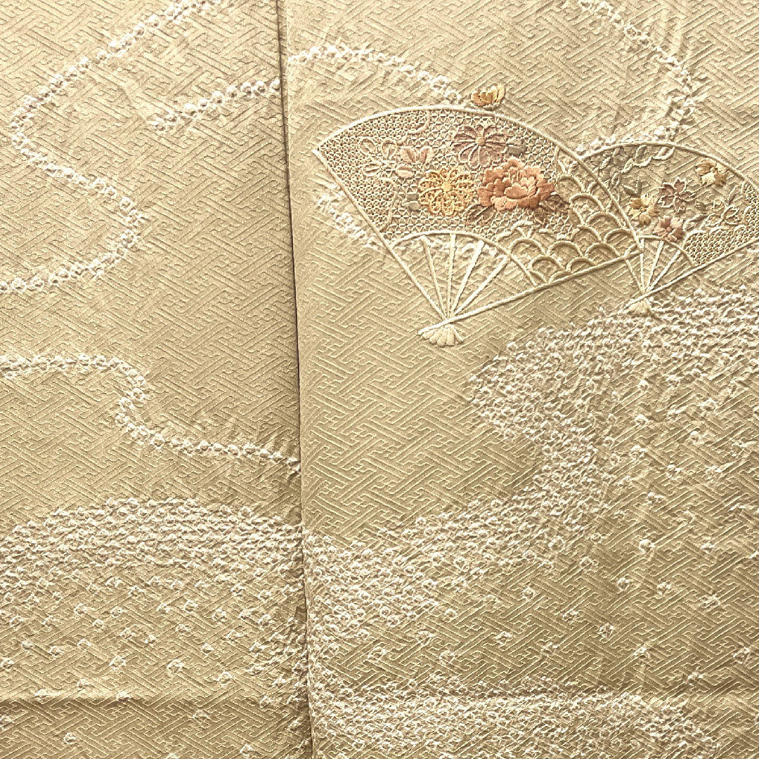訪問着 袷 身丈153.5cm 裄丈62.5cm 白橡色 刺繡 絞り 扇 正絹 Bランク クリーム系 1112002194215