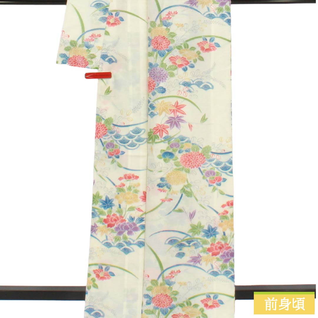 夏物 ポリエステル 小紋 Aランク 身丈166.5cm 裄丈66cm 乳白色(にゅうはくしょく) 洗える着物 草花模様 古典柄 絽 白系 1132007163511