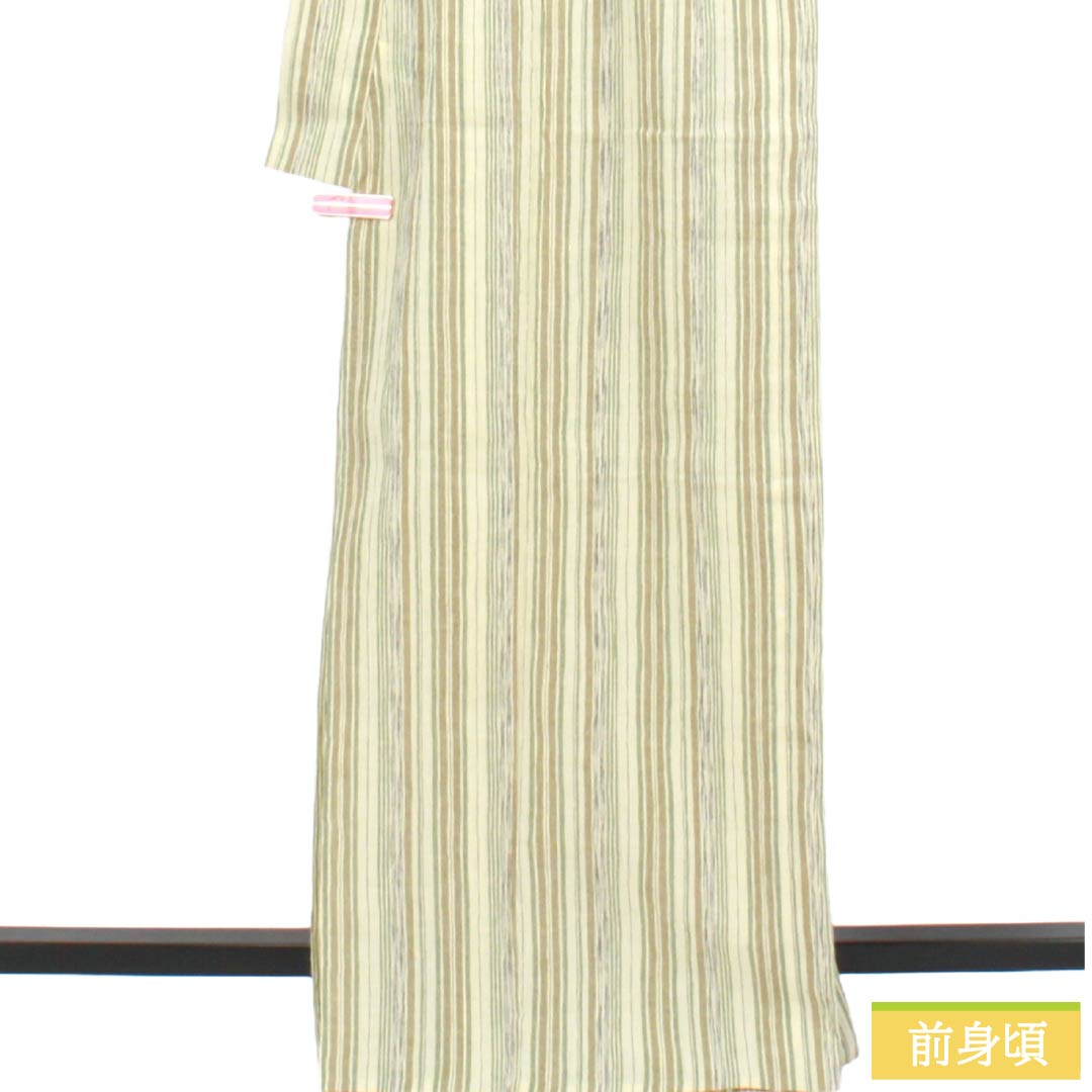 夏物 綿麻 紬 Sランク 身丈168.5cm 裄丈67.5cm 乳白色(にゅうはくしょく) 縞 縮 紗 クリーム系 1132004802515