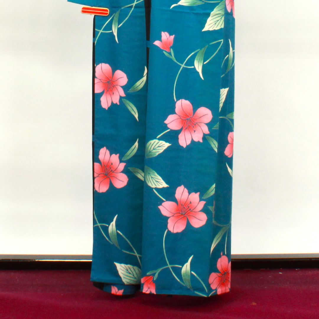 浴衣 納戸色 百合 木綿 Aランク 単衣 身丈162.5cm 裄丈65.5cm 青系 1118003563417