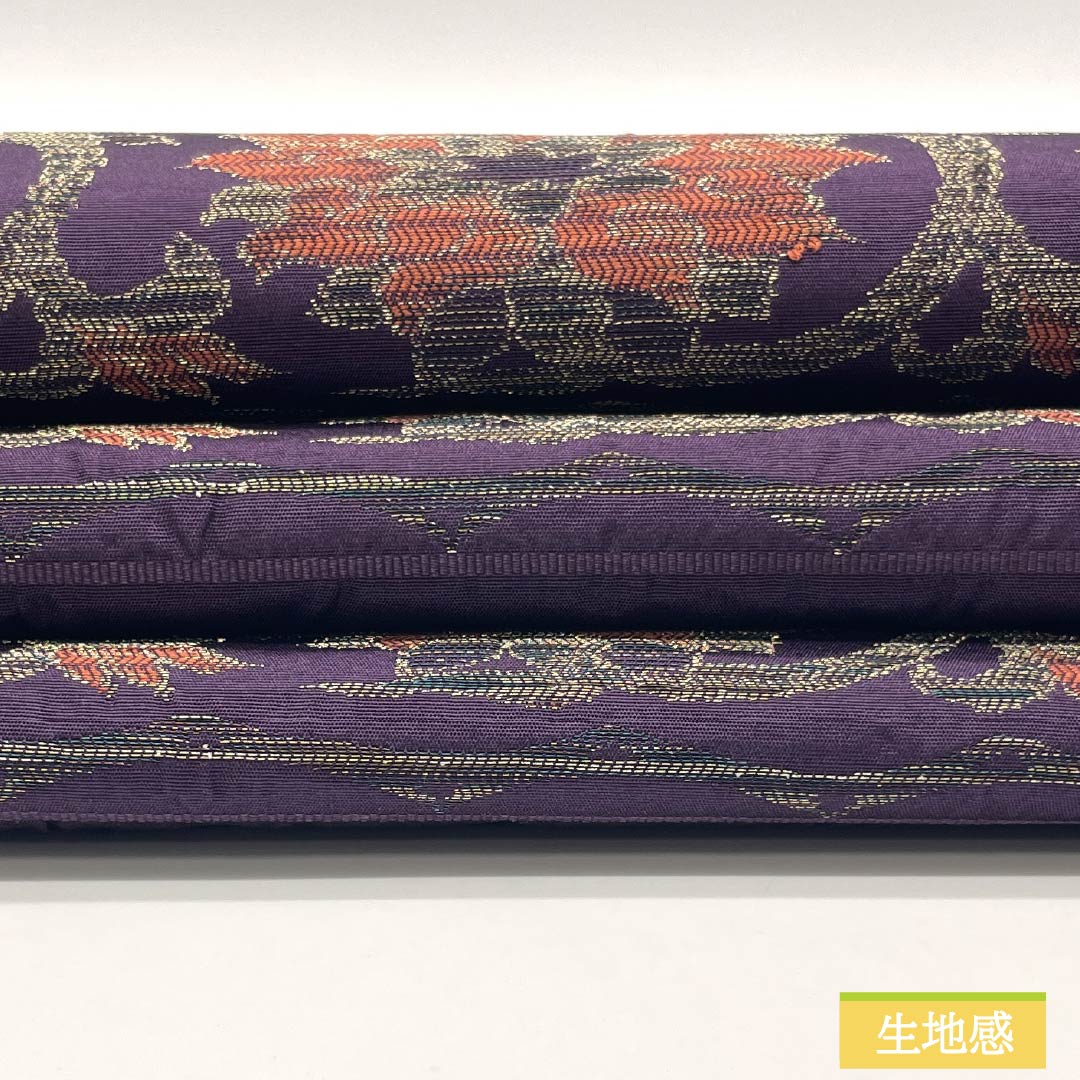 名古屋帯 茄子紺色(なすこんいろ) ふくれ織 唐花 帯丈354cm 正絹 Sランク 六通 セミフォーマル 紫系 1124008872320 名古屋仕立て