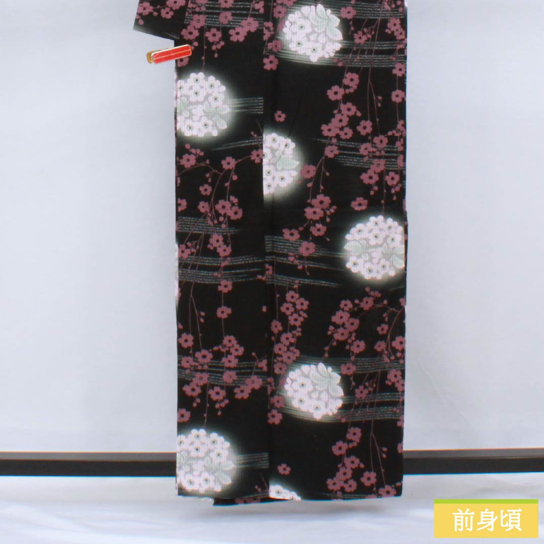 Cotton Yukata, Length 159cm, Sleeve Length 66cm, S Rank, Single Layer, Black with Floral Pattern, Vertical Silk, 1118006462310