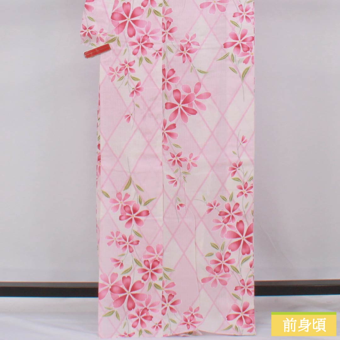 Cotton Yukata, Length 168.5cm, Sleeve Length 66cm, S Rank, Single Layer, Pink, Faded Red (Arasomeiro), Kagome Flower Pattern, 1118006322513
