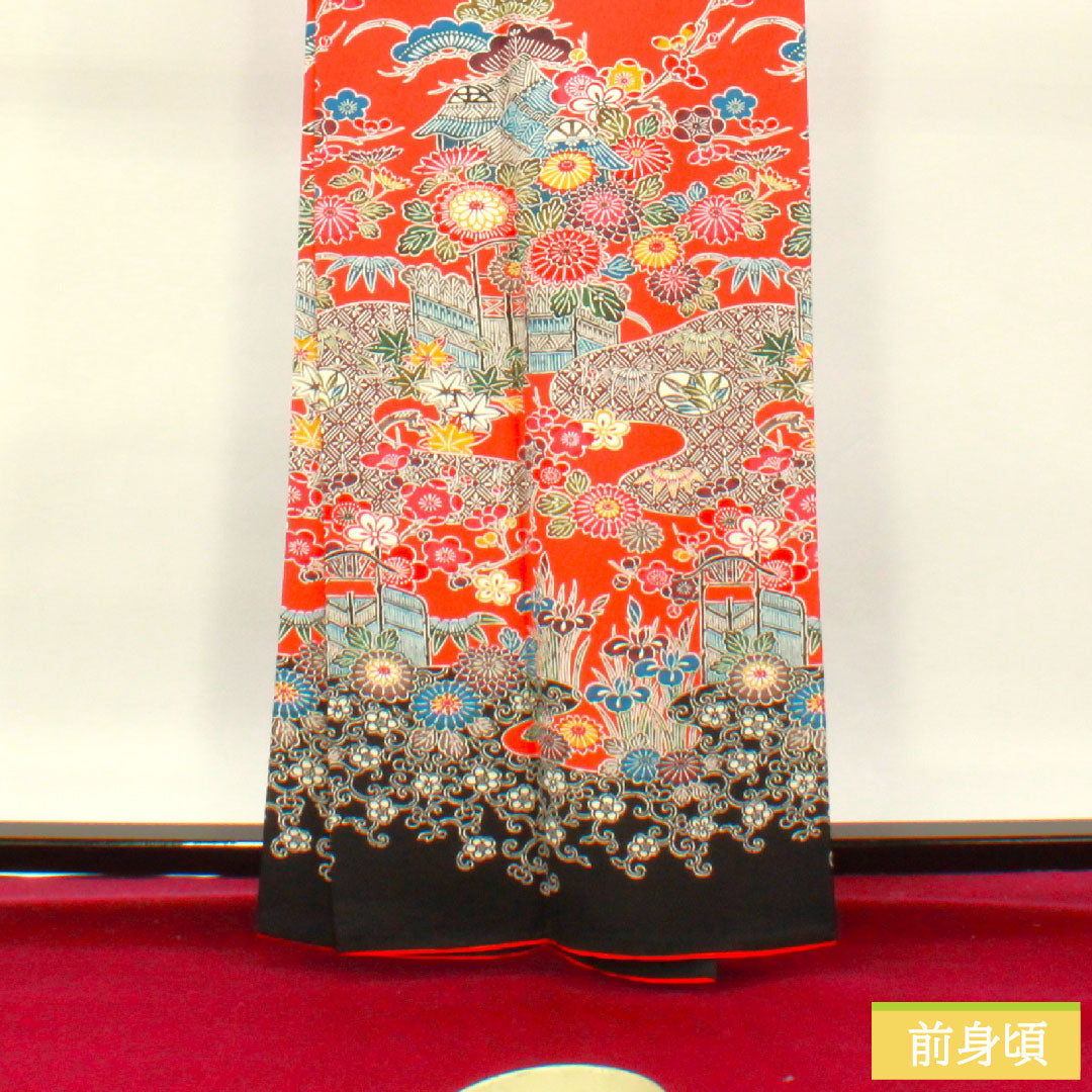 訪問着 正絹 袷 身丈163cm 裄丈64.5cm 猩々緋色 京紅型 吉祥文様 Sランク 朱系 1112004072416