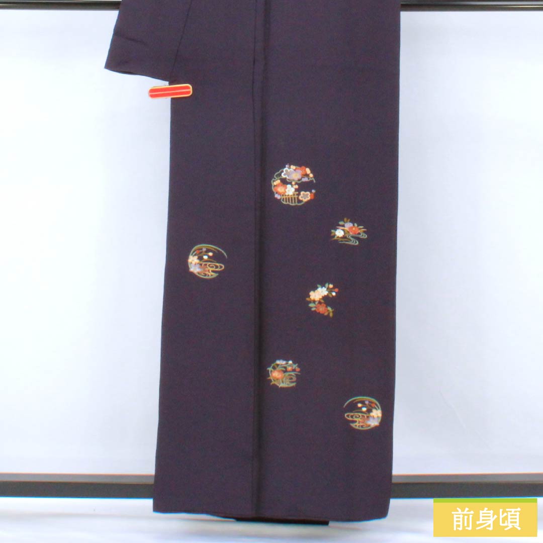 訪問着 正絹 Aランク 袷 身丈157.5cm 裄丈64.5cm 紫烏色(しうしょく) 蘇州刺繡 花丸 吉祥文様 付下げ 紫系 1112007233320