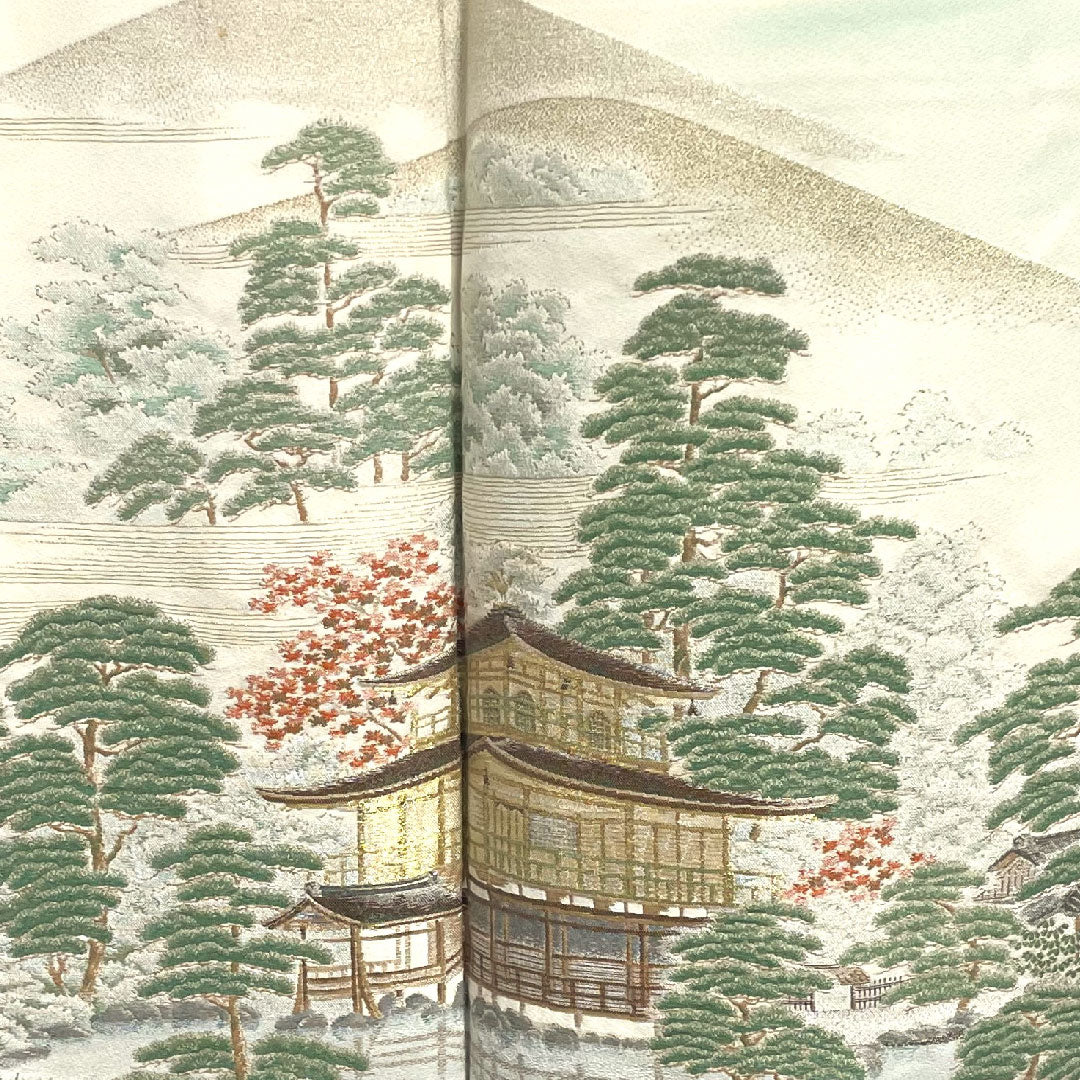 色留袖 身丈161.5cm 裄丈63cm 袷 錆青磁色 寿光織 風景模様 抱き茗荷 正絹 Bランク 三つ紋 緑系 1111000454419