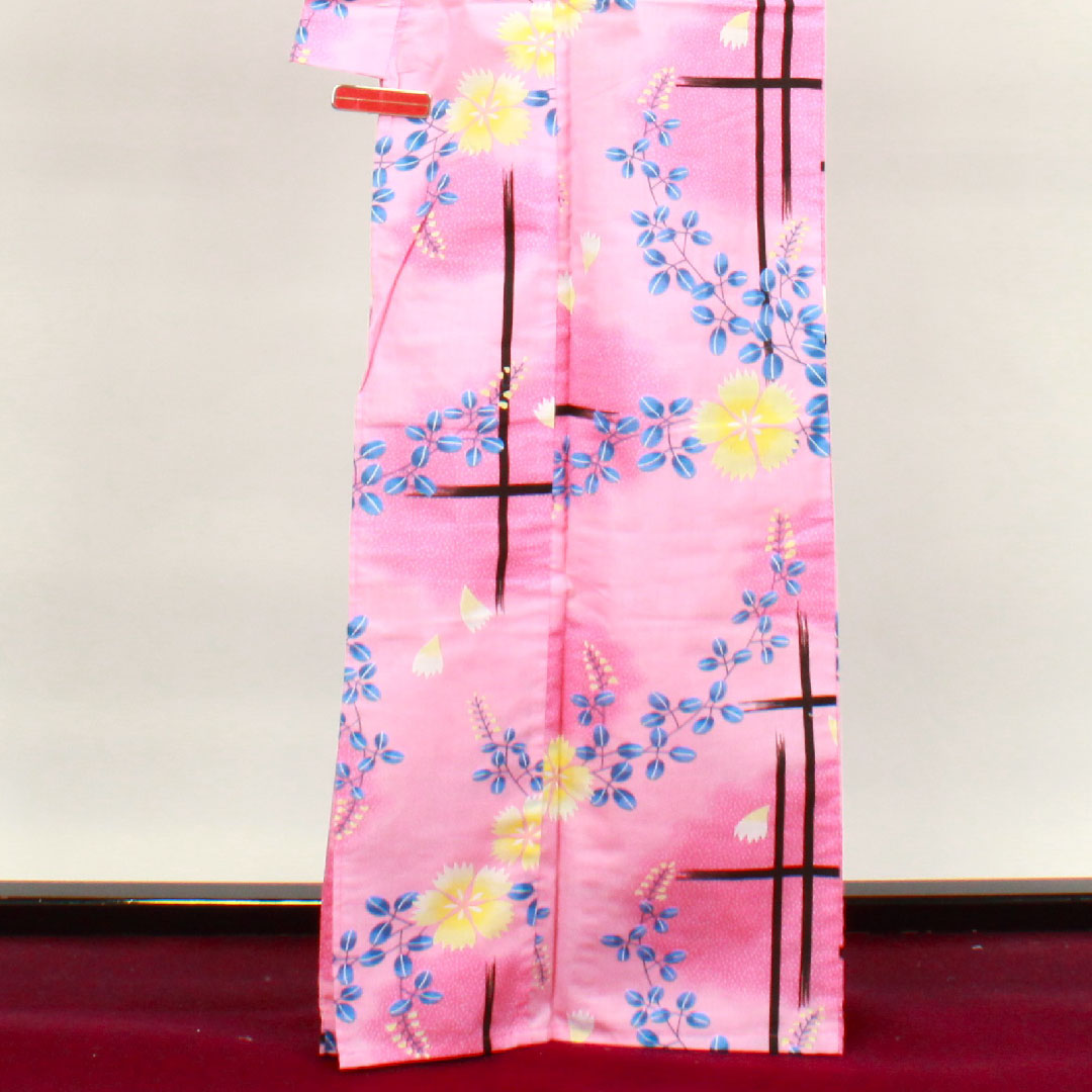 Yukata, medium crimson color, pink, bush clover, cotton, S rank, single layer, length 166cm, sleeve length 66cm, pink, 1118002812513