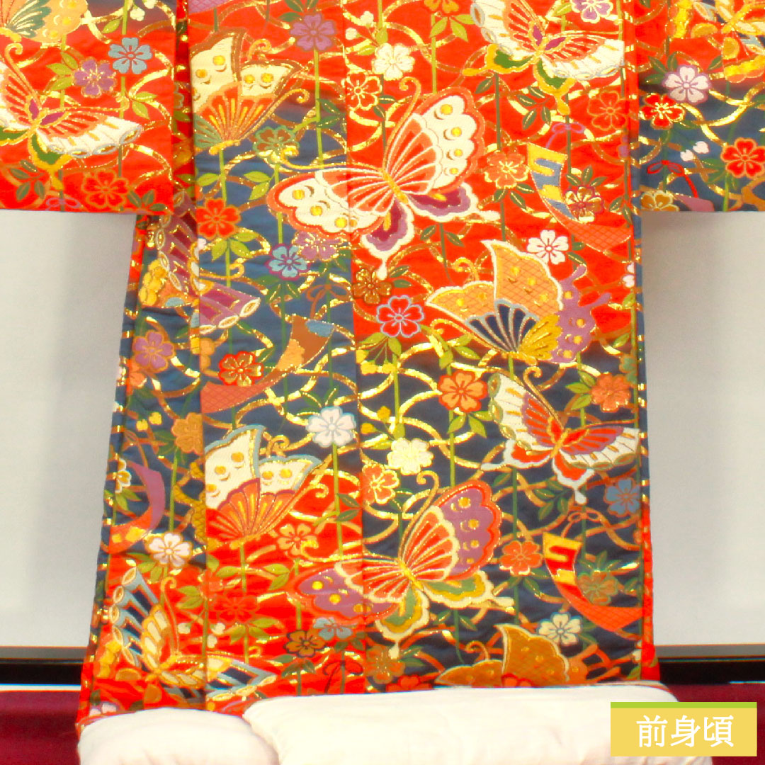 色打掛 正絹 身丈192cm 裄丈66cm 緋色(ひいろ) 唐織 蝶 草花模様 Sランク 袷 朱系 1110000872916