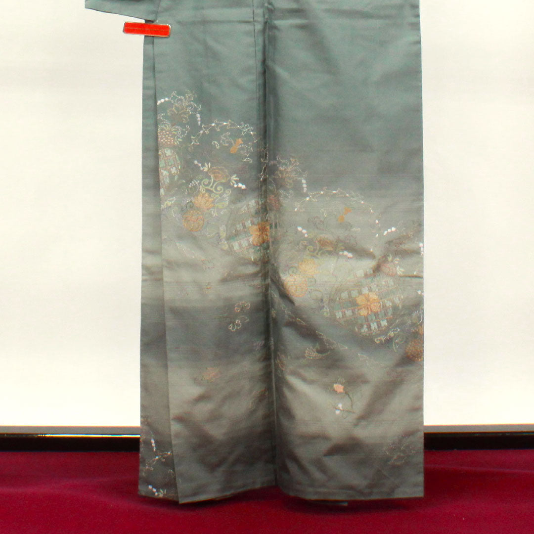 訪問着 正絹 袷 身丈162cm 裄丈65cm 灰青色 蘇州刺繡 紬地 抽象模様 Aランク グレー系 1112002813422