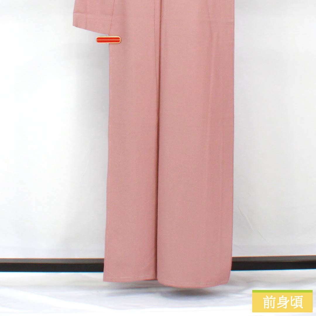 Solid-colored polyester kimono, length 160cm, sleeve length 62.5cm, crimson gray (beni-nezuiro), plain kimono with one crest, a circle with a flower and apricot leaf pattern, lined, S rank, pink, product number 1114002232413