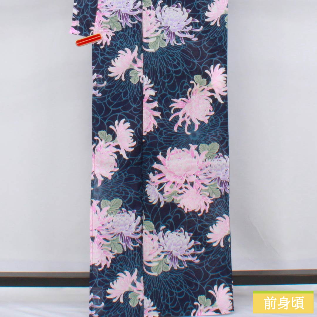 浴衣 木綿 身丈164.5cm 裄丈63cm Aランク 単衣 紺系 紺色(こんいろ) 菊 1118006673418