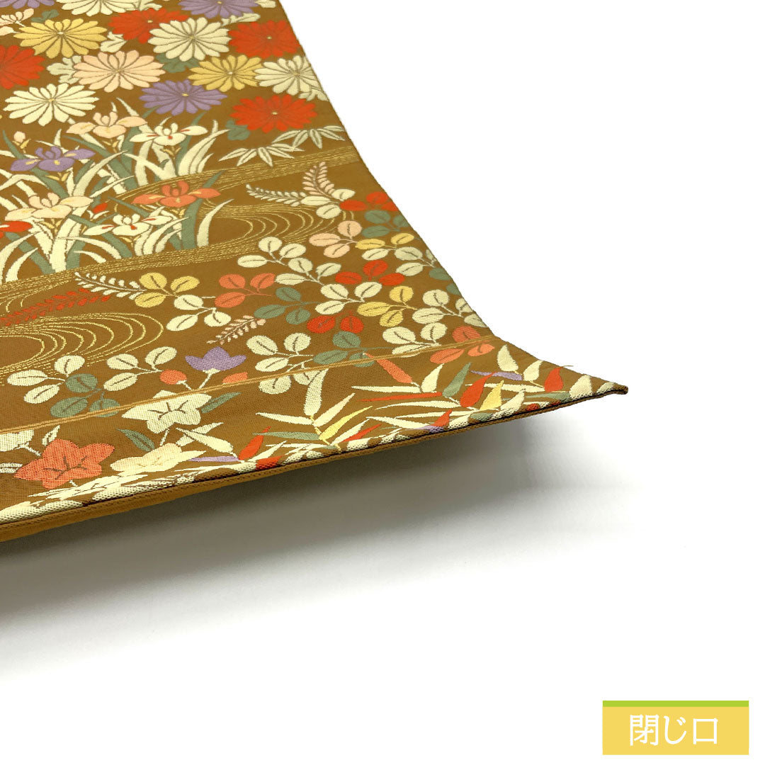 袋帯 正絹 Aランク 紹巴織 流水 草花模様 帯丈432cm 六通 セミフォーマル 茶系 1123016743314