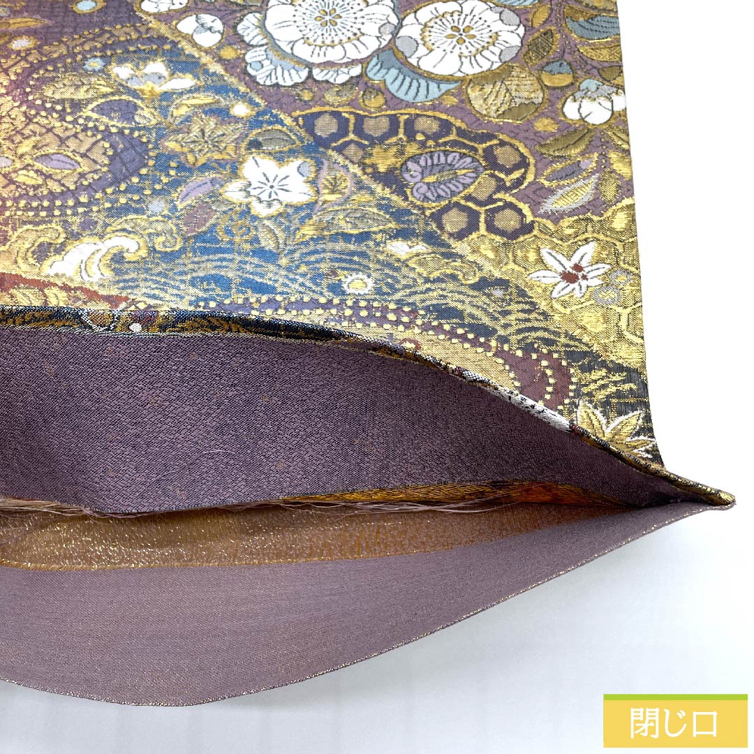 (未仕立)袋帯 半色(はしたいろ) 辻ヶ花 切り嵌め風 帯丈436cm 正絹 Sランク 六通 セミフォーマル 紫系 1123009932320