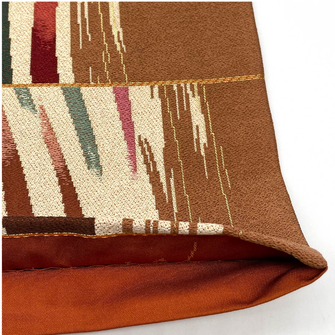 袋帯 灰緑色(はいみどりいろ) 白綾苑大庭 幾何学模様 帯丈430cm 正絹 Aランク 六通 カジュアル グラデーション系 1123009393399