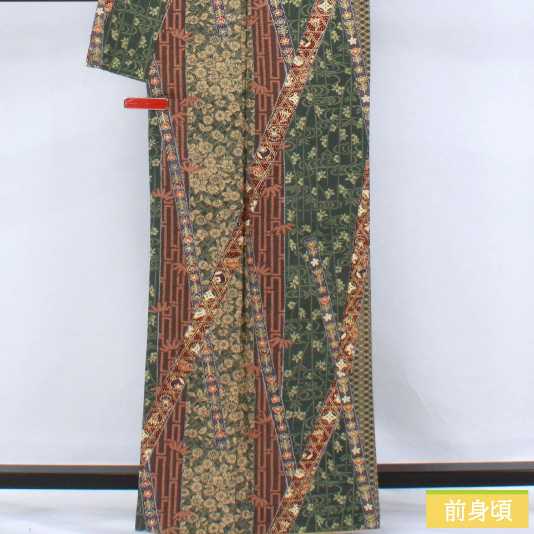 小紋 正絹 身丈162.5cm 裄丈66cm 袷 薩摩納戸色(さつまなんどいろ) 型染 吉祥文様 Sランク 緑系 1115006142419