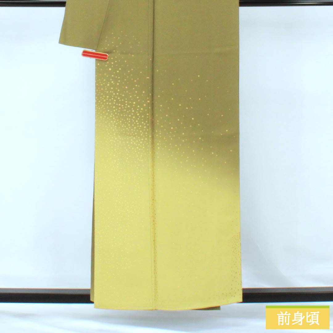 訪問着 正絹 Sランク 袷 身丈155cm 裄丈64cm 鶸茶色(ひわちゃいろ) 福田喜重 人間国宝 箔飛ばし 付下げ パールトーン加工 緑系 1112006462319