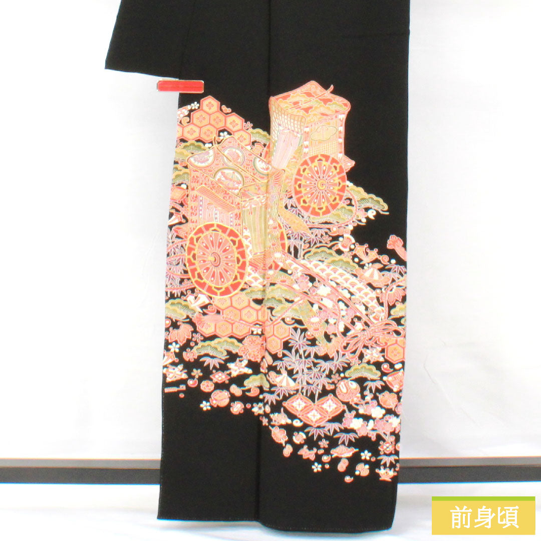 黒留袖 正絹 身丈162cm 裄丈63cm 袷 京友禅 松竹梅 宝尽くし 御所車 亀甲 五つ紋 唐花 Sランク 黒系 1111001722410