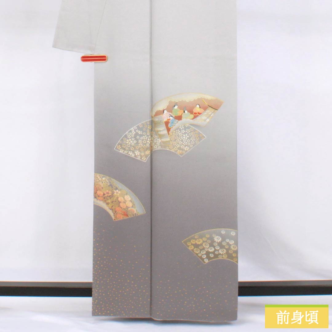 Colored Tomesode, Length 162cm, Sleeve Length 65.5cm, Amethyst Color, Living National Treasure, Fukuda Yoshishige, Fan Surface, Swallowtail Butterfly, Pure Silk, S Rank, One Crest, Gray, 1111000432422
