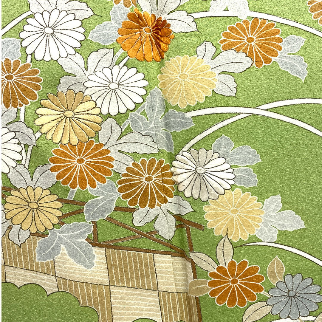 Homongi, lined, length 160cm, sleeve length 64cm, chrysanthemum, pure silk, S rank, green, 1112000332419