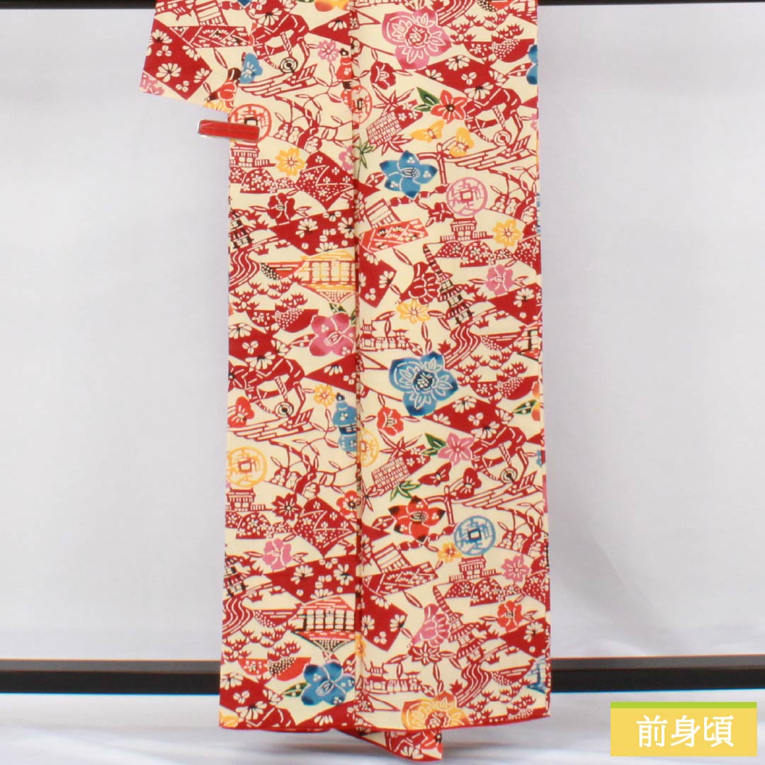 小紋 正絹 Sランク 身丈159.5cm 裄丈66cm 袷 東京白茶色(とうきょうしらちゃいろ) 京紅型 京都風景図 クリーム系 1115006852315