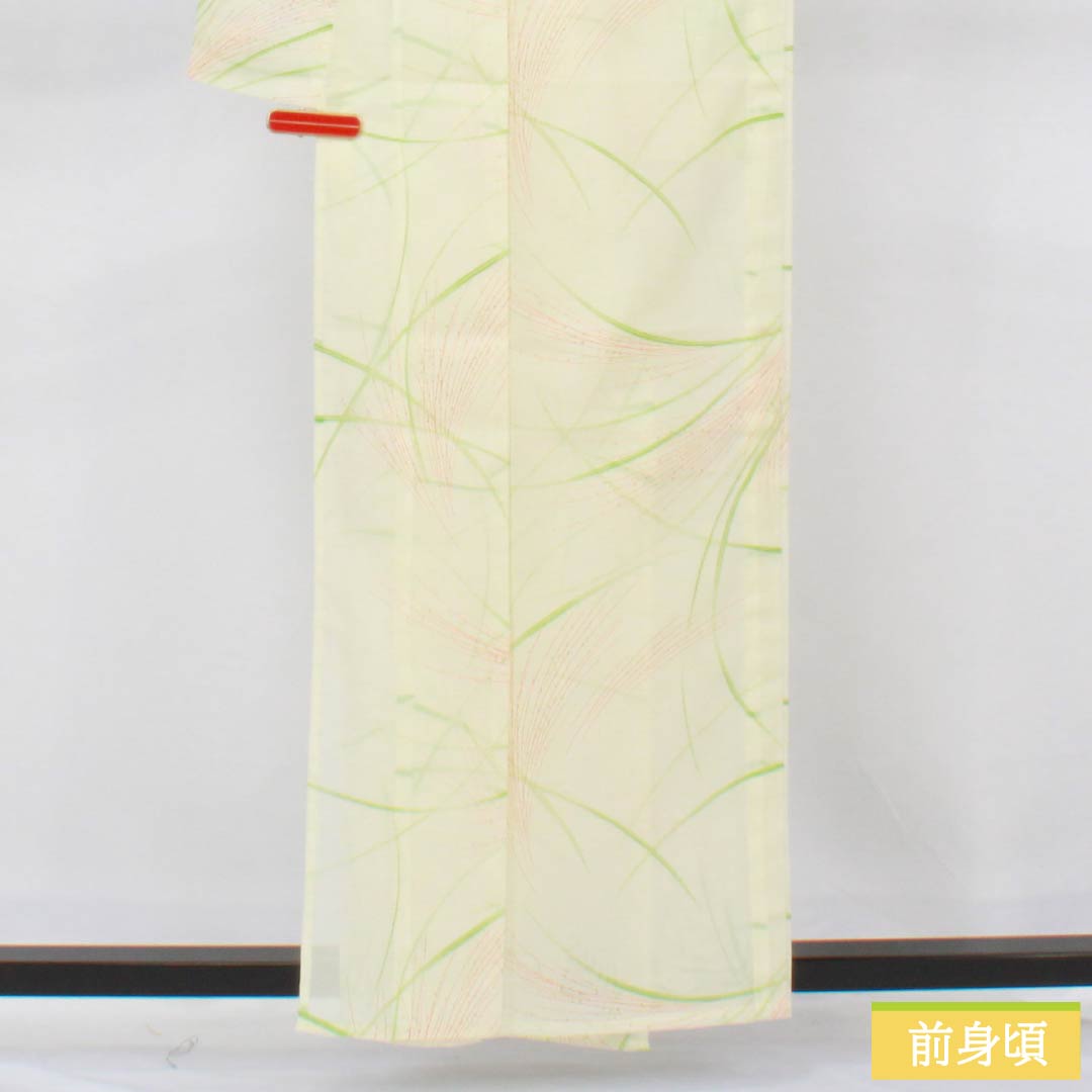 夏物 ポリエステル 小紋 身丈159cm 裄丈63.5cm 白百合色(しらゆりいろ) ススキ 洗える着物 絽 Sランク 黄系 1132002582323