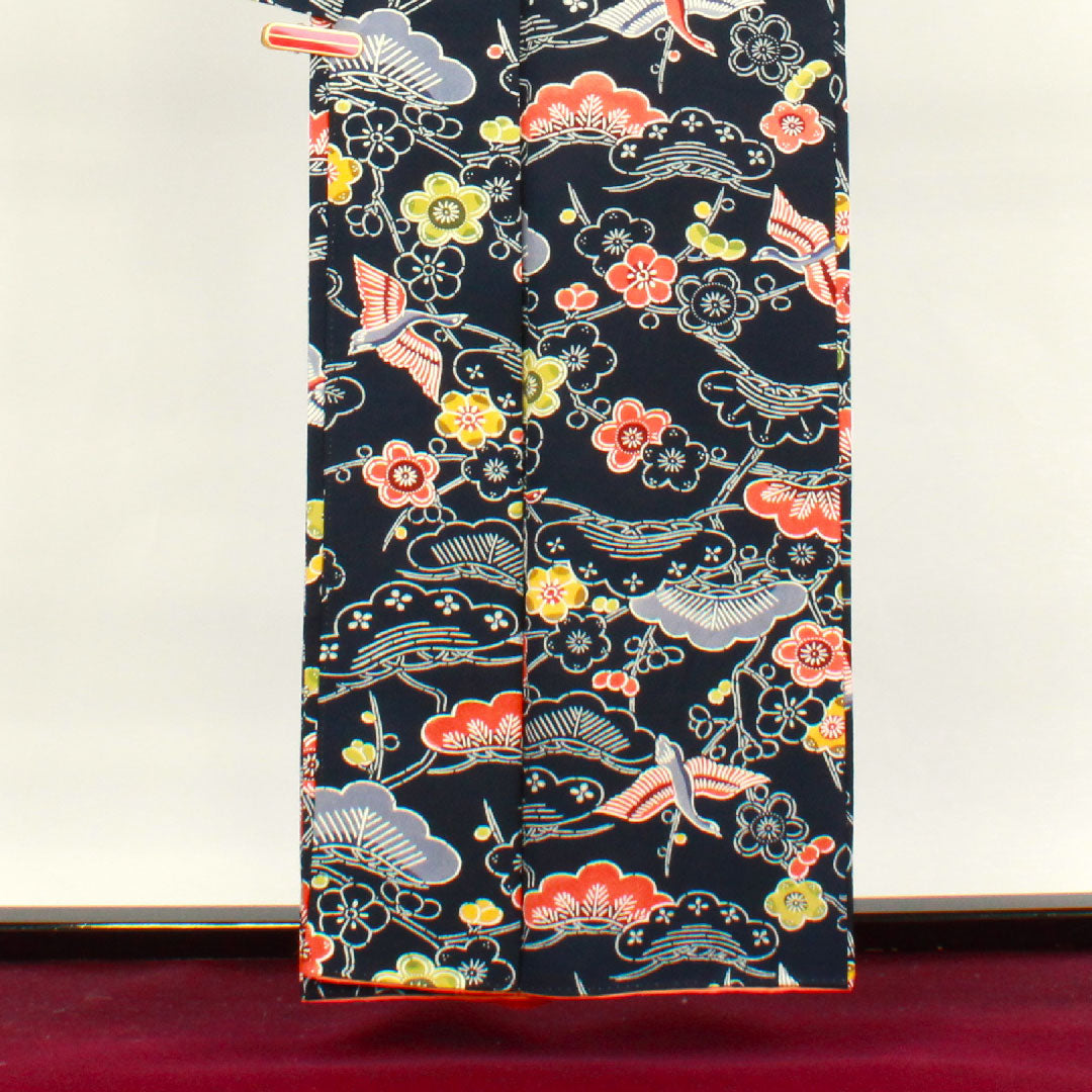 小紋 身丈158cm 裄丈63.5cm 袷 濃紺色 京紅型 松 梅 正絹 Aランク 紺系 1115003433318