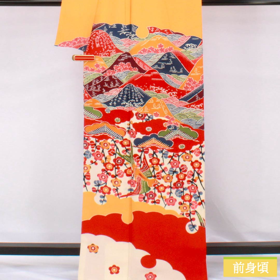 訪問着 正絹 Sランク 袷 身丈167cm 裄丈65.5cm 蜜柑色(みかんいろ) 京紅型 吉祥文様 橙系 1112006432526