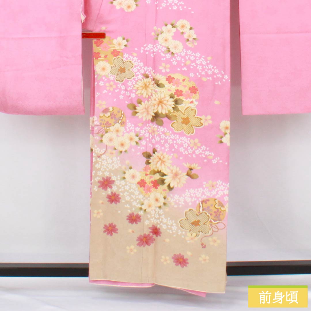 Silk Furisode, S Rank, Length 158cm, Sleeve-to-sleeve 63.5cm, Lined, Sekichiku (Pink), Kyo-Yuzen, Auspicious Patterns, Cherry Blossoms, Balls, Snowflakes, Pink tones, 1113002652313