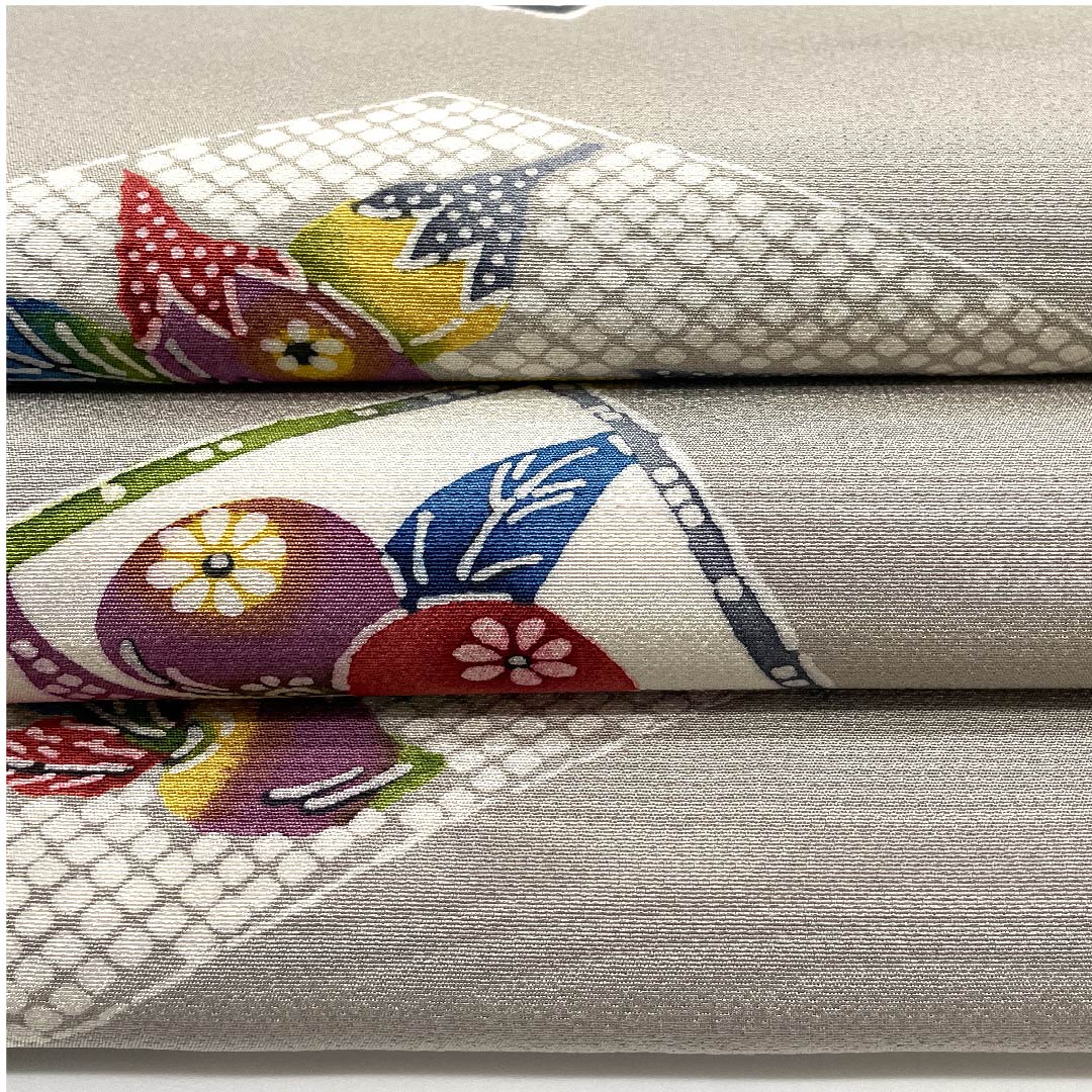 名古屋帯 絹鼠色 野菜 京紅型 帯丈372cm 正絹 Sランク 全通 カジュアル グレー系 1124005392322 開き仕立て