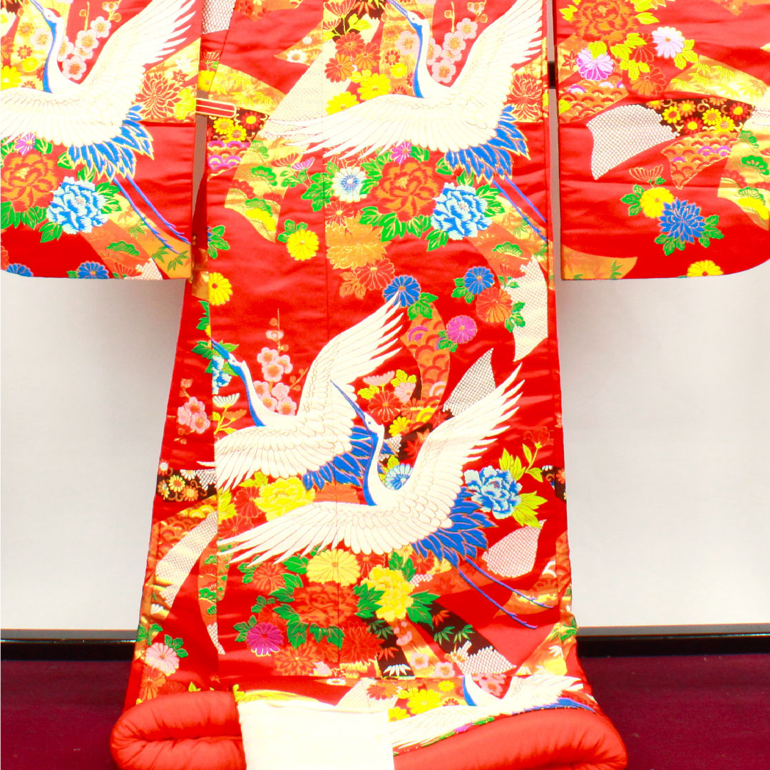 色打掛 身丈193cm 緋色 唐織 熨斗 鶴 正絹 Aランク 袷 朱系 1110000273916