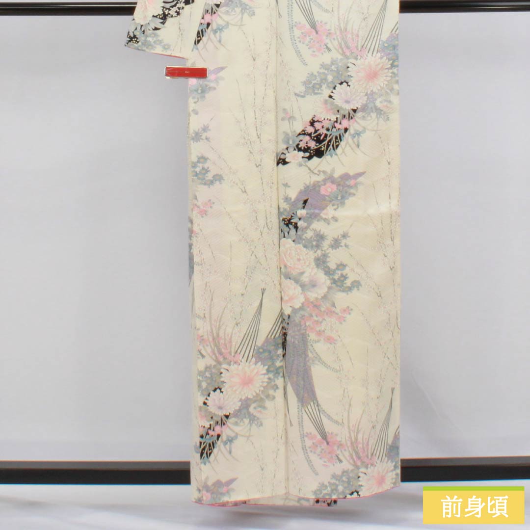 Komon (small pattern) kimono, pure silk, A-rank, length 157.5cm, sleeve length 65.5cm, lined, off-white, fan-shaped floral pattern, white, product number 1115006693311