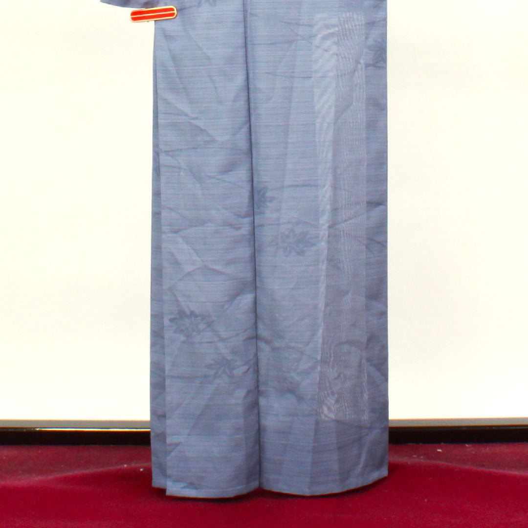 夏物 ポリエステル 色無地 身丈163.5cm 裄丈62.5cm 江戸納戸色(えどなんどいろ) 紅葉 洗える着物 絽 Sランク 青系 1132000852417
