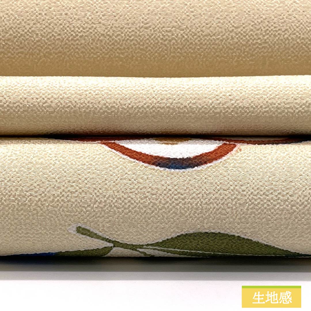 名古屋帯 ポリエステル Sランク 鳥の子色(とりのこいろ) 型染 ちりめん地 椿 帯丈372cm ポイント柄 カジュアル クリーム系 1124010812315 開き仕立て