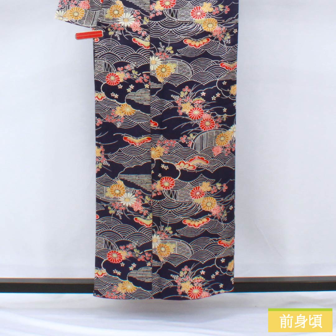小紋 正絹 身丈157cm 裄丈63cm 袷 型染 青海波 松 花 Sランク 紺系 1115005902318