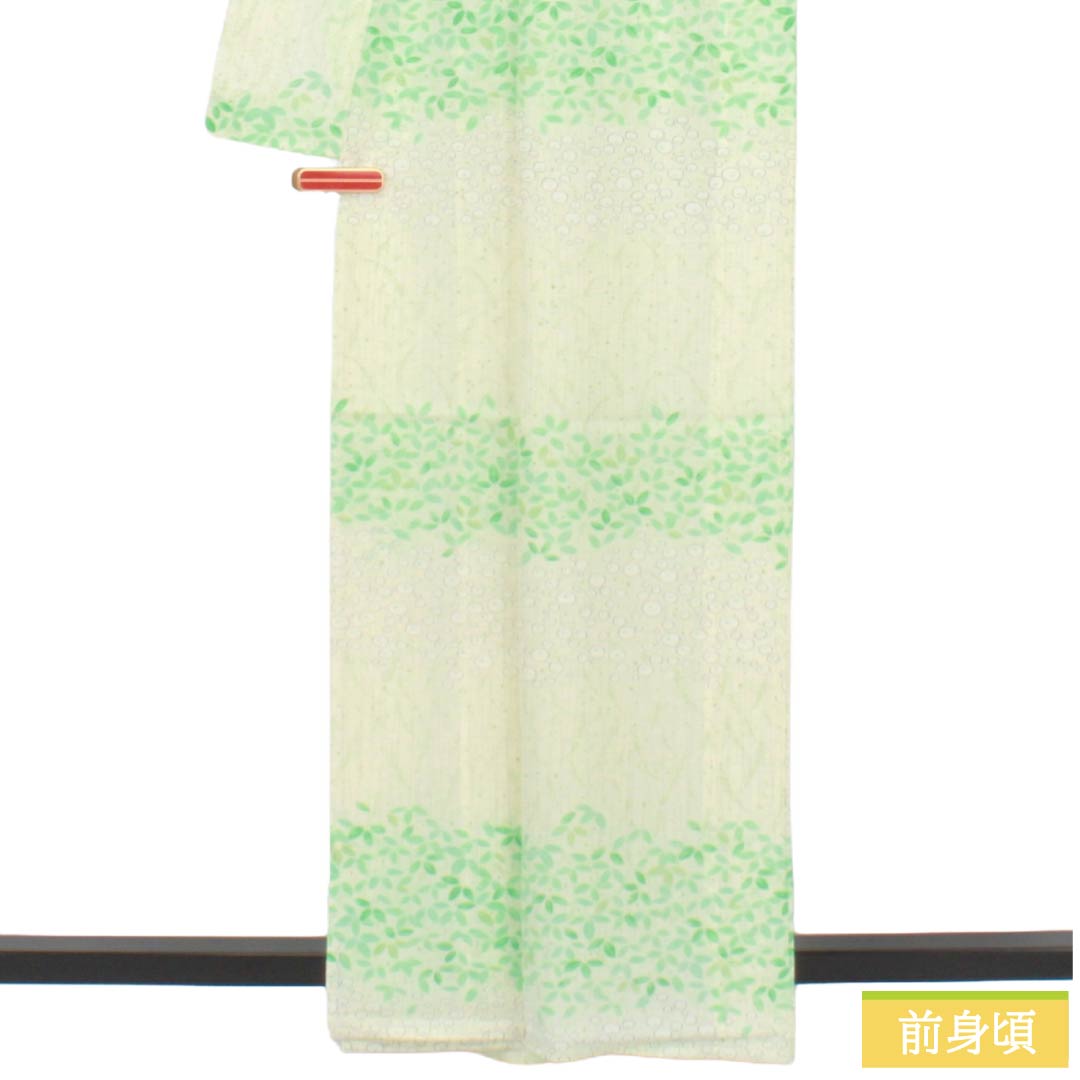 夏物 ポリエステル 小紋 Sランク 身丈161.5cm 裄丈64.5cm 乳白色(にゅうはくしょく) 型染 葉模様 横段 絽 白系 1132004952411