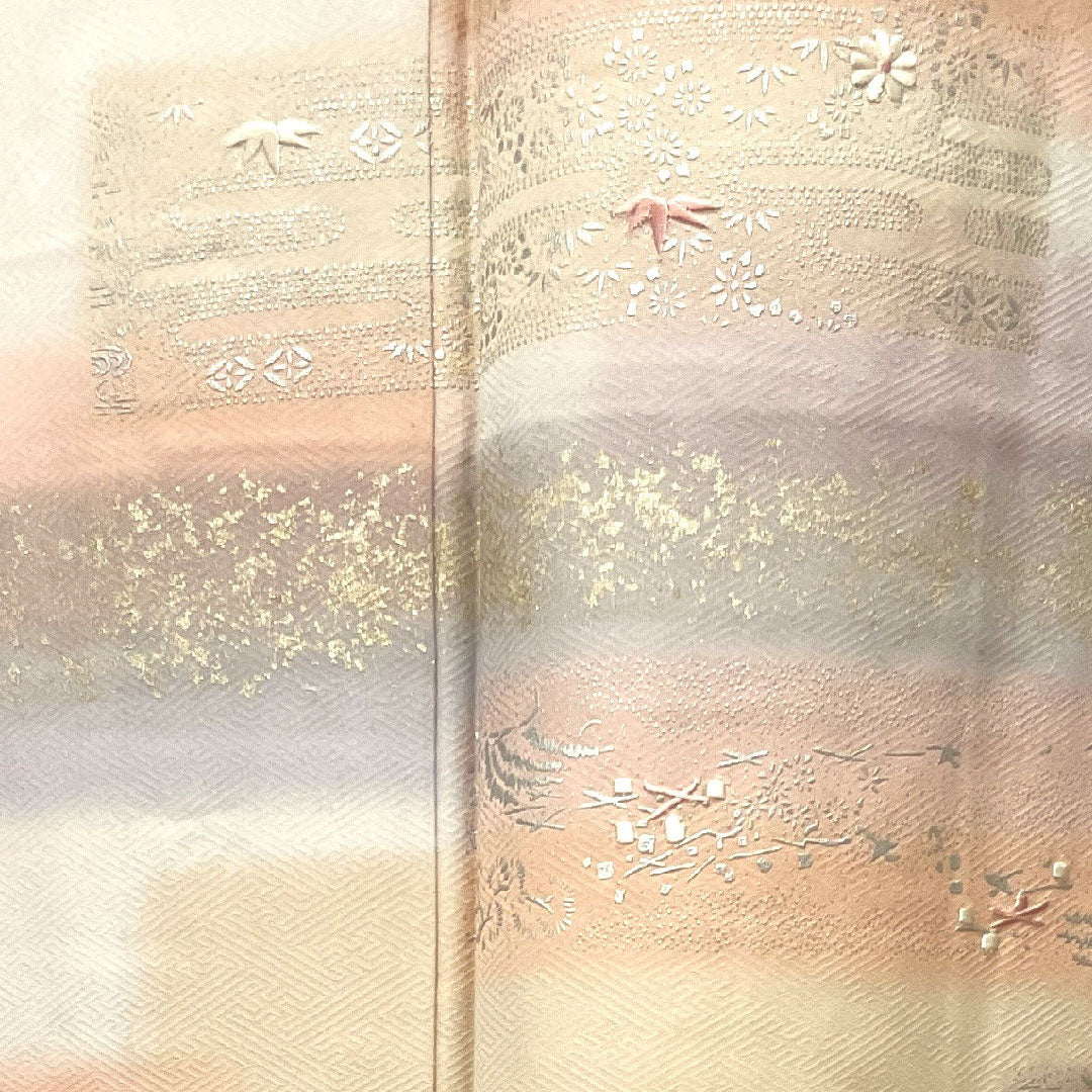 訪問着 袷 身丈162cm 裄丈64cm 胡粉色 金彩加工 刺繡 正絹 Aランク グレー系 1112002363422