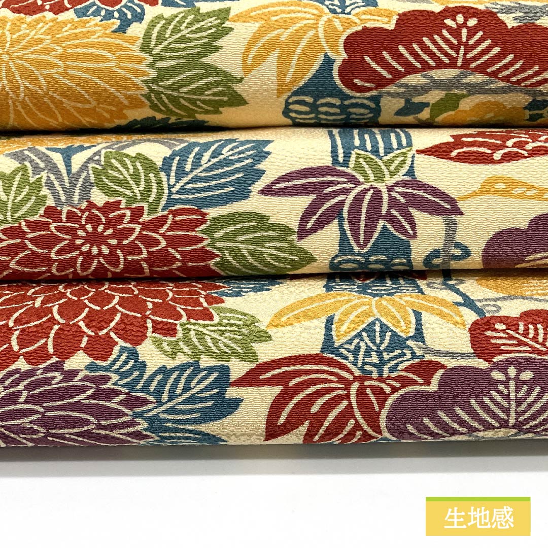 名古屋帯 麹色(こうじいろ) 松竹梅 万寿菊 紅型模様 帯丈360cm 正絹 Sランク 全通 カジュアル クリーム系 1124006472315 名古屋仕立て
