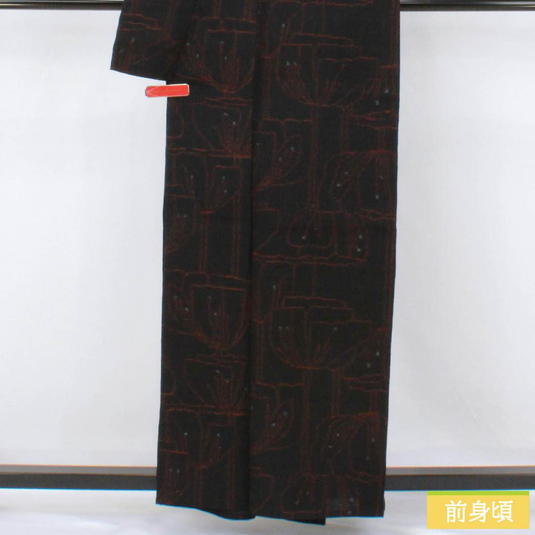 紬 正絹 Aランク 身丈161cm 裄丈63.5cm 縮 花 単衣 黒系 1116004403410