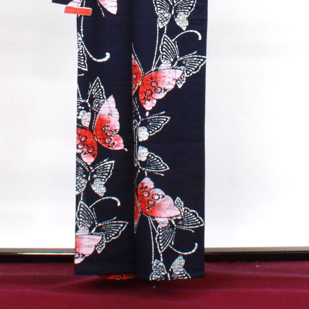 Yukata with basting thread, unused, dark navy blue, butterfly, cotton, S rank, single layer, length 160cm, sleeve length 62cm, navy blue, 1118002922418