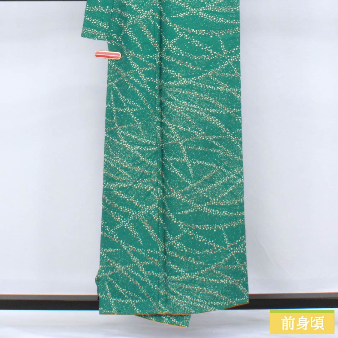 小紋 ポリエステル 身丈156cm 裄丈64cm 袷 中藍色(なかのあいいろ) ドット柄 洗える着物 しつけ糸付き Sランク 緑系 1115006222319